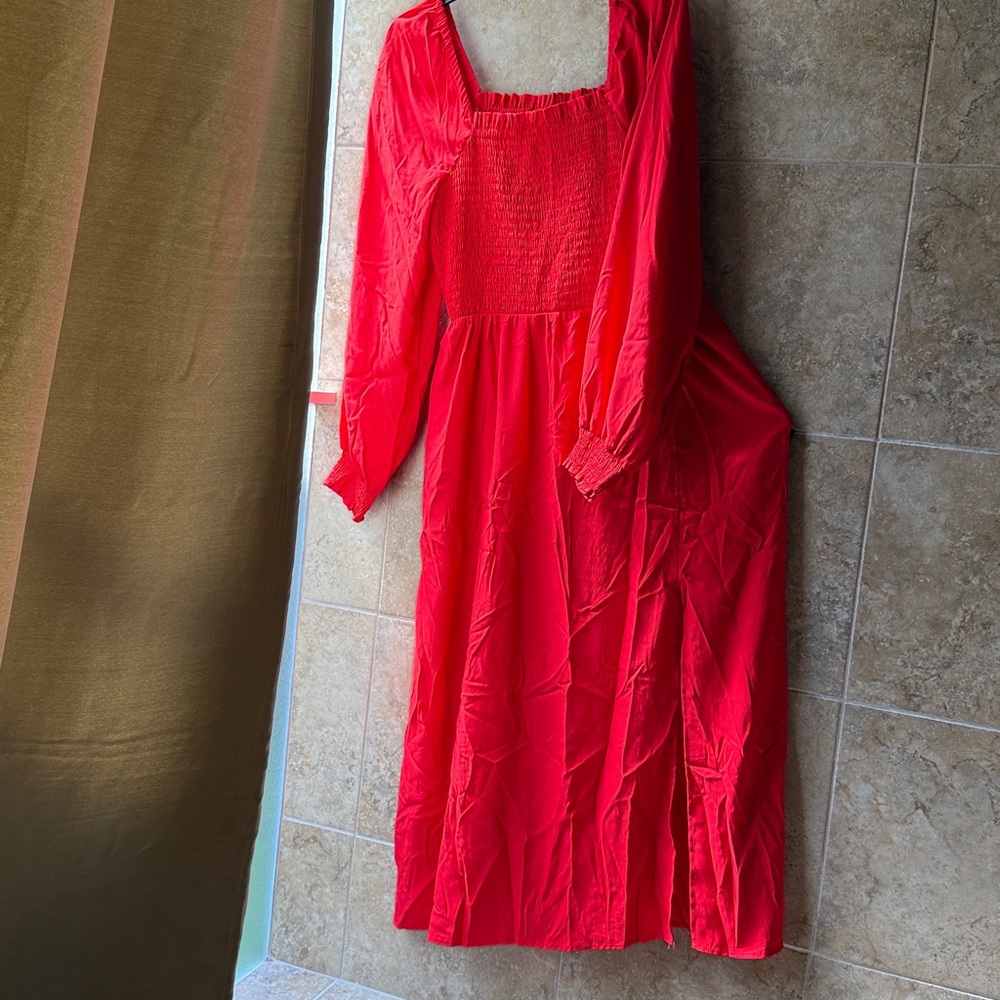 La Ligne x Target Red Smocked Midi Dress Pockets Slit Long Sleeve Flowy Size M